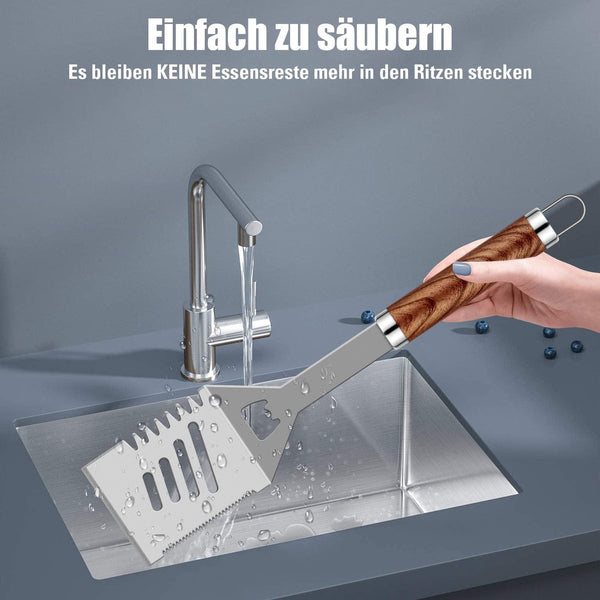 26 stuks roestvrij stalen barbecue-accessoires, hoogwaardige BBQ-grillbestek, koffer, perfecte grillgereedschapsset voor mannen, cadeau met draagbare opbergkoffer en vleesthermometer, bruin