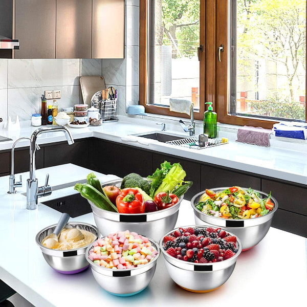 5-delige mengkommenset van roestvrij staal met luchtdichte deksel en antislip siliconen bodem, stapelbaar en veelzijdig, geschikt voor de vaatwasser, 7,6 l, 4,7 l, 2,8 l, 2,4 l, 1,4 l