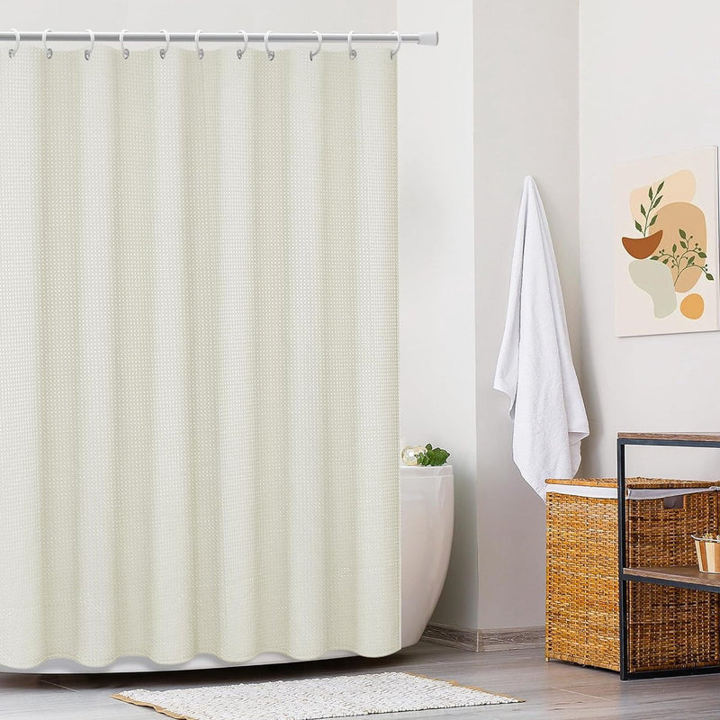 Douchegordijn, wasbaar, textiel, polyester, badgordijn met 12 douchegordijnringen, waterdicht, voor douche en bad, 183 x 183 cm, wafelpatroon, beige