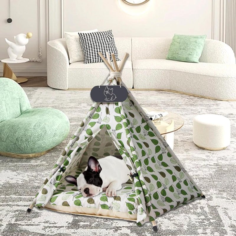 Tipi tent voor huisdieren, kattentent van katoenen linnen, hondentent, afneembaar en wasbaar, huisdierentent met kussen, huisdiertent, wegklappen, meubels, 60 x 60 x 70 cm