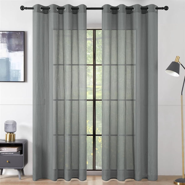 Gordijnen, gestreepte gordijnen met ogen, grijs, 140 x 160 cm, half-transparant, set van 2 gordijnen met ogen, met strepen, decoratie, voor kinderkamer, woonkamer, slaapkamer