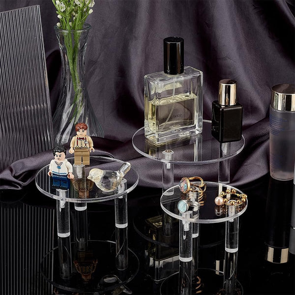 Set van 3 ronde acryl displayverhogers 12/10/8 cm 3 poten transparant minifiguren displaystandaard displayplatform voor sieraden figuurmodellen speelgoed dessert cosmetica of collecties