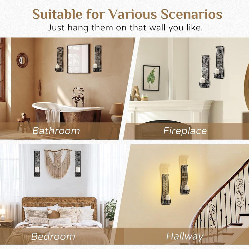 Wandkaarsenhouder, moderne wanddecoratie, zwart, set van 2 kaarsenhouders voor woonkamer, badkamerwanden, elegante wanddecoratie, hangende kandelaar