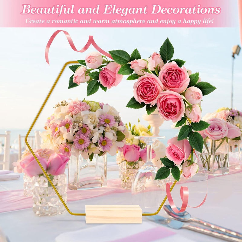 6 stuks metalen ringen om te knutselen, 20 cm zeshoekige decoratieve metalen ring met 6 houten standaarden, gouden draadringen om te knutselen, metalen decoratieve ringen voor doe-het-zelf handwerk, bruiloft, feest, tafelversiering