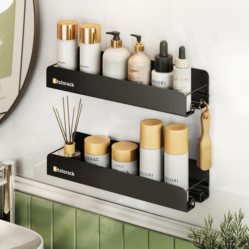 Doucheplank zonder boren, 2 stuks roestvrije doucheplankorganizer met haken, 40 cm badkamerplank met grote capaciteit, shampoohouder voor douche, douchemand voor badkamer en keuken