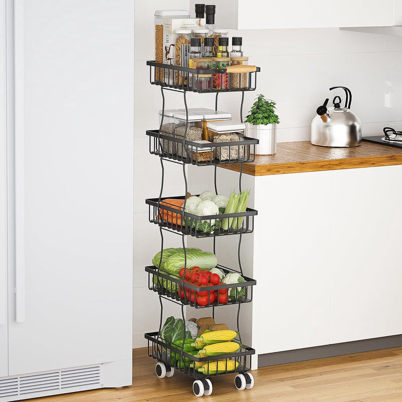 Keuken-niswagen met 5 niveaus, keukentrolley op wielen met handvat en remmen, voor kleine ruimtes in keuken, eetkamer, badkamer, zwart