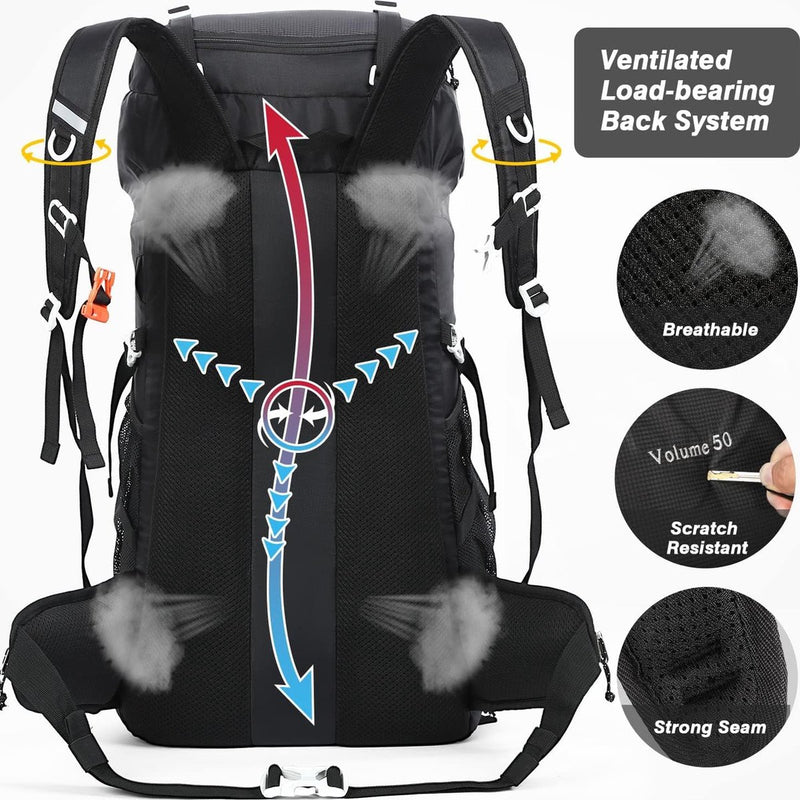Wandelrugzak 50 l, heren en dames, waterdichte trekkingrugzak, reisrugzak, outdoor, wandelen, rugzak met regenhoes, backpacker rugzak voor wandelen, bergbeklimmen, kamperen, reizen sport