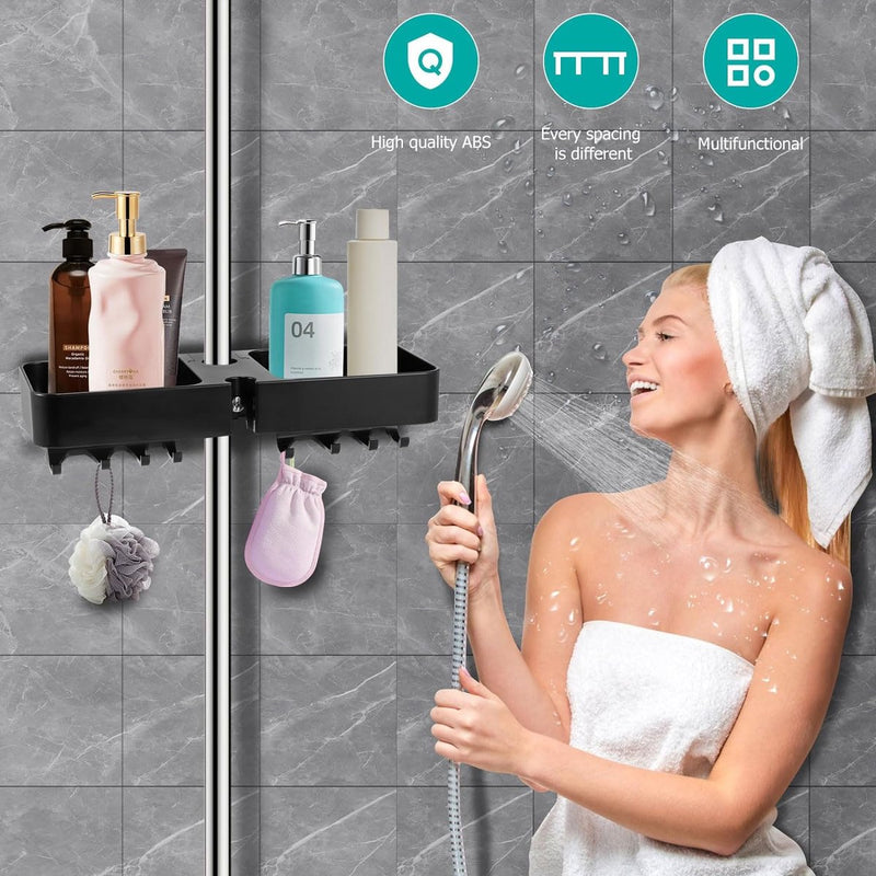 Doucheplank om op te hangen, zwart, doucheplank zonder boren, telescopisch, doucherek met 2 douchemandjes om op te hangen, ruimtebesparende doucheplank, roestvrij staal, douchestang-opbergrek voor 18