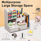 Bureau-organizer met lade, wit, pennenhouder met hoge capaciteit, bureau, doe-het-zelf desktop nette kantoororganizer, pennenorganizer voor kantoor, school en thuis