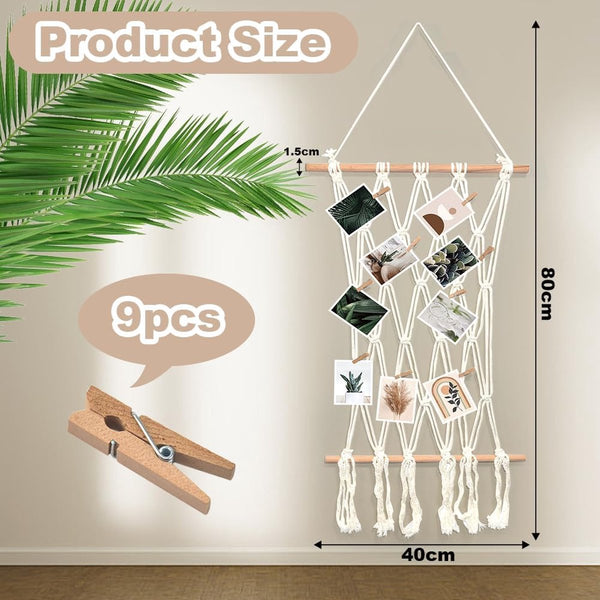 Fotolijst collages, macramé, wandbehang, hangende fotowand, boho, decoratie, fotolijst, organizer met 10 houten klemmen voor wooncultuur, slaapkamer, bruiloftsfeest