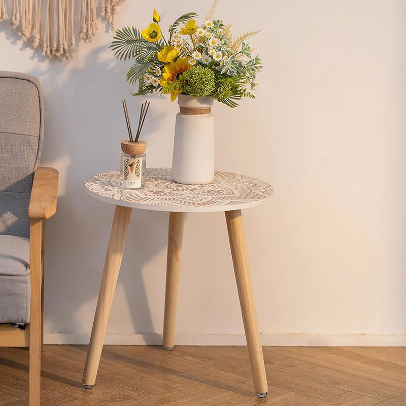 Bijzettafel ronde tafel hout: witte kleine balkonbijzettafels voor de woonkamer met 3 houten poten witte kleine boho buitenbanktafels voor in de tuin 2 stuks, 45 x 45cm