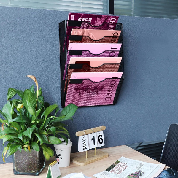 Bestandsmap Wandgemonteerd A4 Mesh Muurophangend Bestandsorganisator Tijdschriftopslag Multifunctioneel Gebruik om Kranten Papieren Map weer te geven (5 lagen)