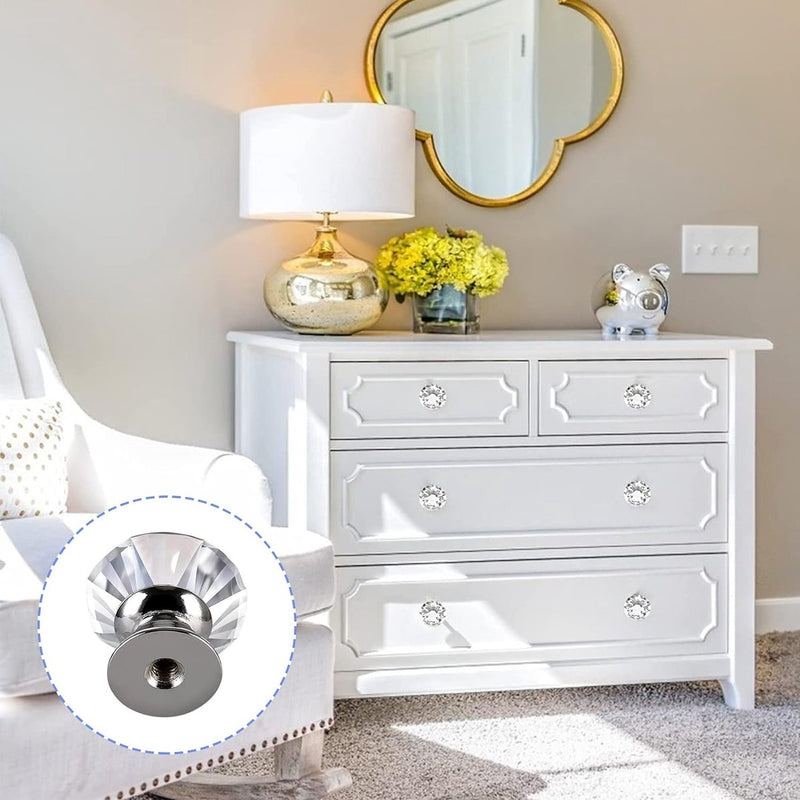 6 stuks meubelknoppen, kristallen ladeknoppen, moderne mode commodeknoppen, kristalheldere deurknop, 30 mm zinklegering kristalglas handgrepen, met schroeven in 3 maten (zilver)