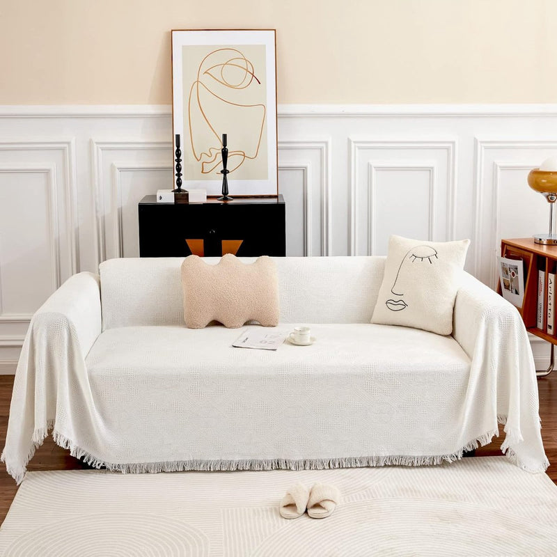 Grote banksprei voor 3-zitsbank met decoratieve kwastjes, dubbelzijdige bankhoes banksprei voor bank en bed, ruitpatroon met bladeren en bloemen - wit, 180 x 300 cm