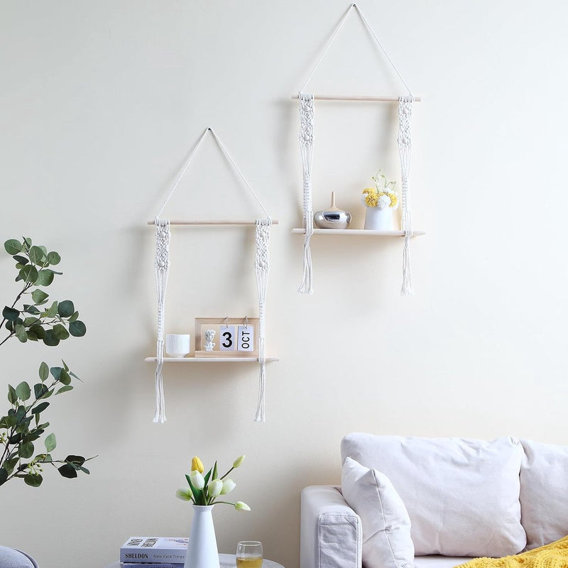 Wandplank Houten Boheemse Wandplank Handgemaakte Macrame Wanddecoratie met LED-verlichting Geschikt voor Woonkamer Wanddecoratie Kamerdecoratie