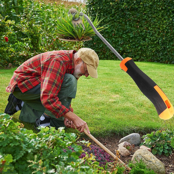 Tuinieren handonkruidsteker, onkruidverwijderaar, onkruidverwijderaar met steel, voegenkrabber met steel, tuinhark, traditionele tuinhark, onkruidjager.