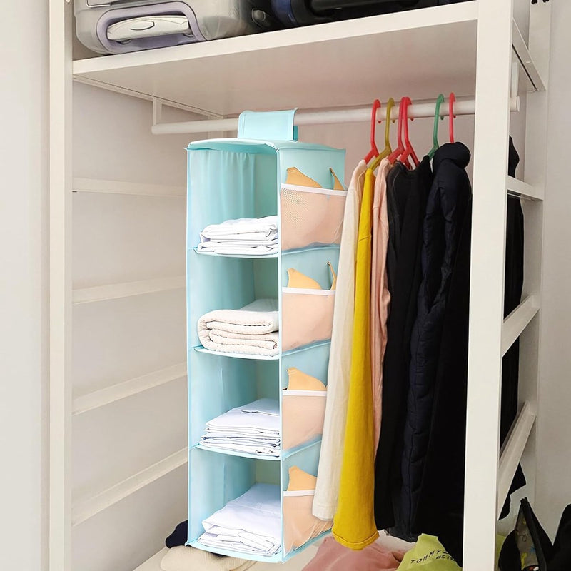Hangorganizer, 4 compartimenten Hangplank met 12 mesh zijvakken, opvouwbaar en ruimtebesparend, hangende stoffen kast, hangende opbergkast organisator, blauw (22 x 30 x 80 cm)