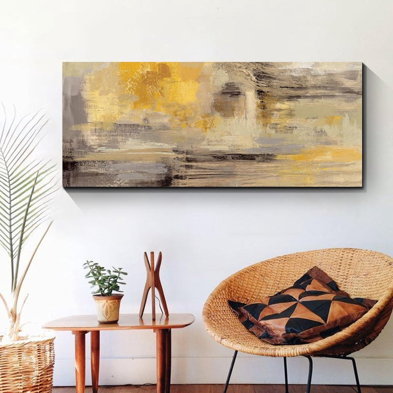 Houten frame grote canvasfoto's 120x50cm abstract mosterdgeel grijs beeld op canvas muurkunst moderne wandafbeeldingen XXL kunstdruk decoratie voor woonkamer slaapkamer klaar om op te