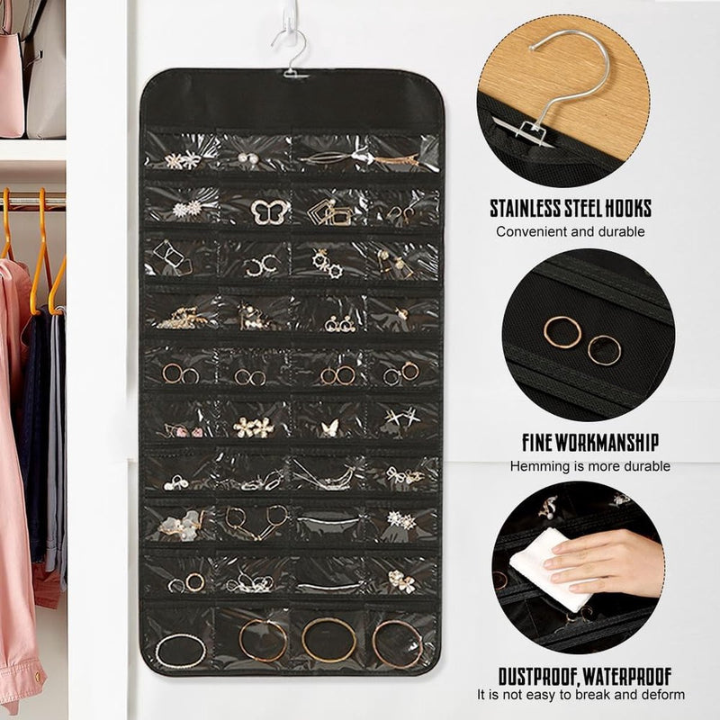 Sieradenorganizer voor het ophangen van sieradenopslag Hangende sieradenorganizer Hangende opbergrol met hanger Sieradenorganizer Tas Reistas voor ringen Oorbellen Kettingen Zwart