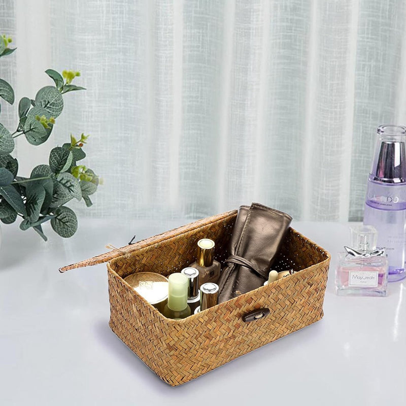 Zeegras opbergmand met deksel, geweven zeegras bureaumand, rechthoekige badkamer opbergdoos, planken en bureaus, multifunctionele opbergmand (karamel, S)