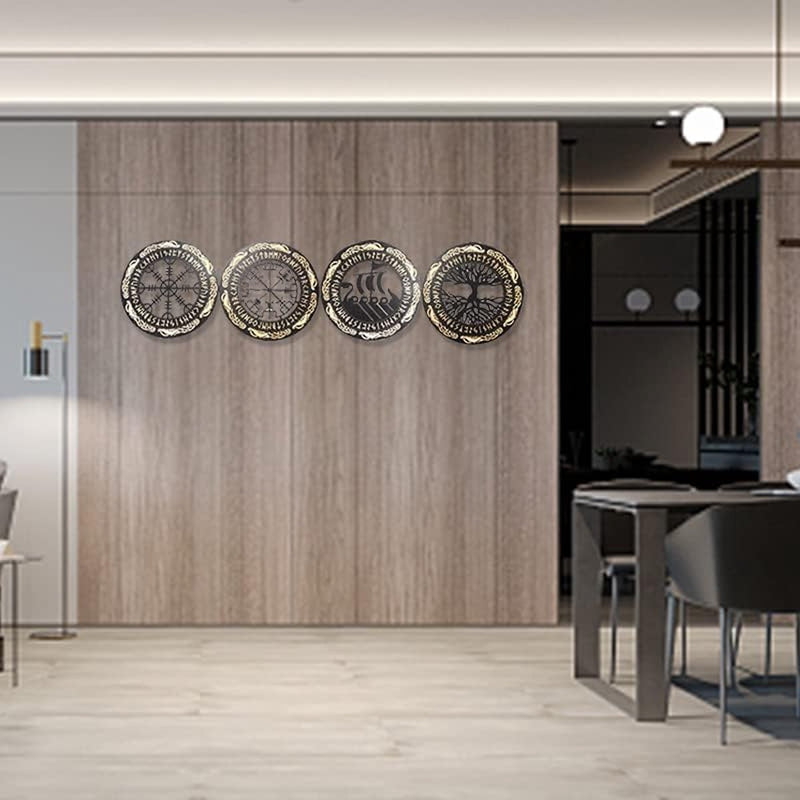 Vikingdecoratie Scandinavische mythologie runen kompas levensboom wanddecoratie hout woonkamer woning home wanddecoratie, geel, 4 stuks