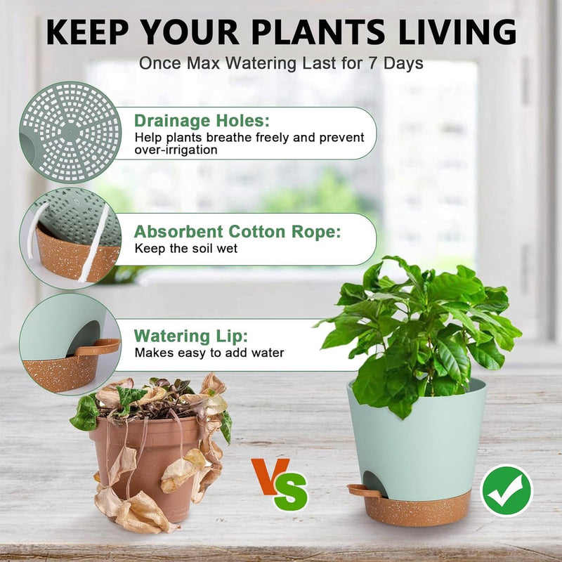 Bloempot, 20,3 cm, kunststof bloempot met irrigatiesysteem, plantenpot, set van 2, modern, voor binnen en balkon, tuin, planten, vetplanten, cactus (groen)