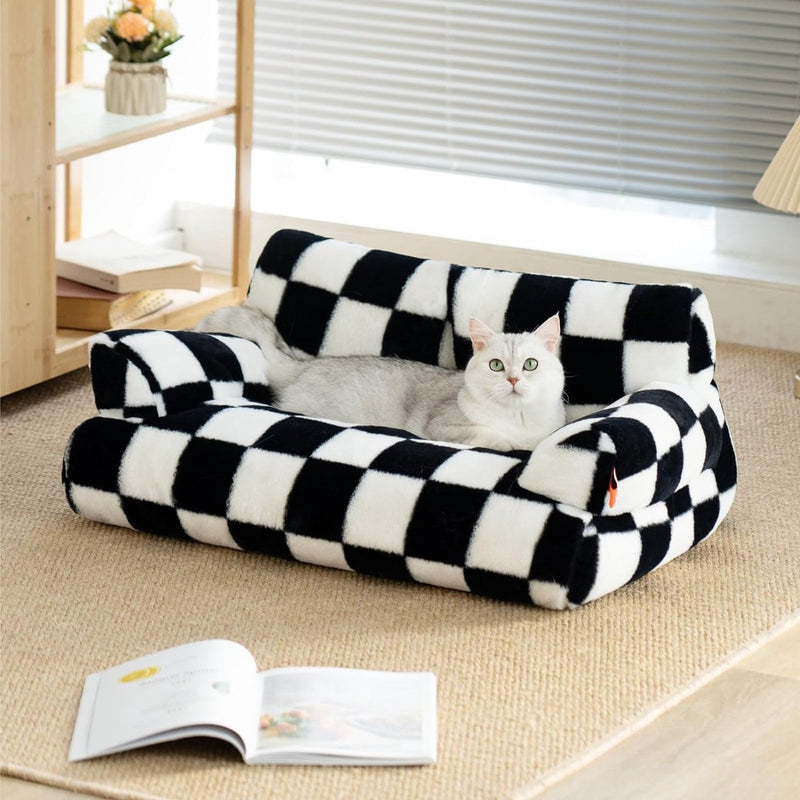 Kattenbed, wollig en zacht, kattenbankbed voor middelgrote en kleine honden/katten, schattig kattenbed met antislip onderkant, schaakbord