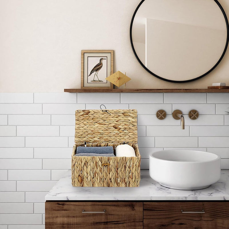 Natuurlijke opbergmand van waterhyacint zeegras, geweven waterdichte opbergkist met deksel in de woonkamer, keuken, kledingkast voor kleding, boeken, groenten, cosmetica, 31 x 18 x 16 cm