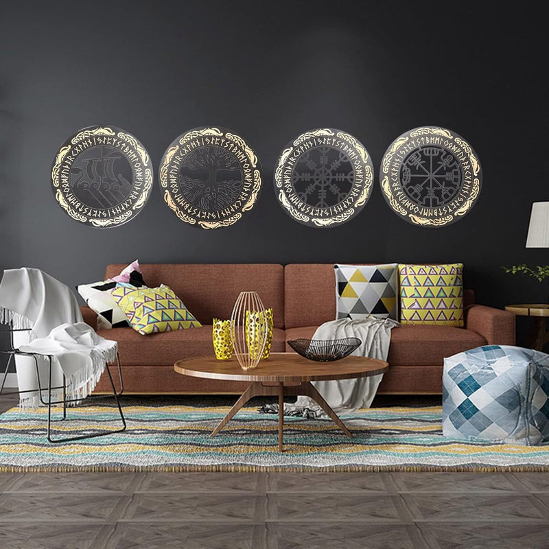 Vikingdecoratie Scandinavische mythologie runen kompas levensboom wanddecoratie hout woonkamer woning home wanddecoratie, geel, 4 stuks