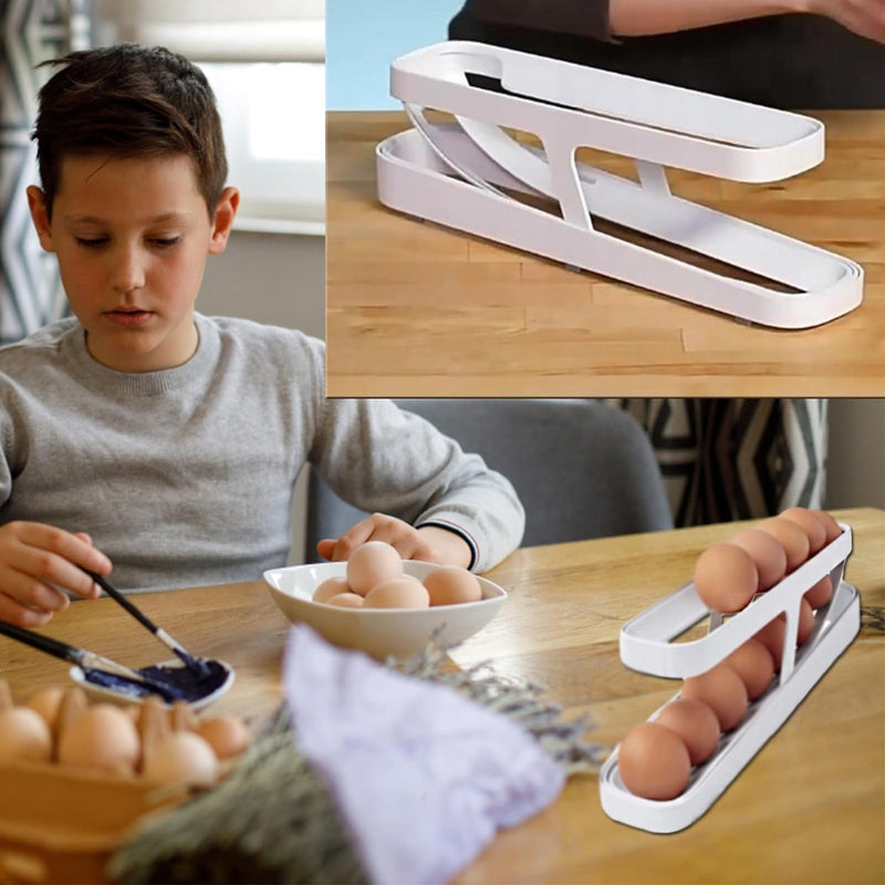 Eierhouder koelkast, automatisch rollende eierdispenser, rollende eierhouder, voor de koelkast, voor keukenkasten, koelkasten, voorraadkamers (dubbel)