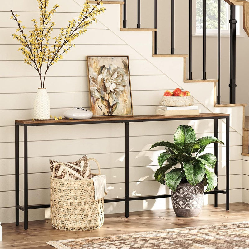 Consoletafel, kleine tentoonstellingstafel, ingangstafel, bijzettafel, sofatafel voor kleine ruimte, hal, woonkamer, slaapkamer, rustiek bruin