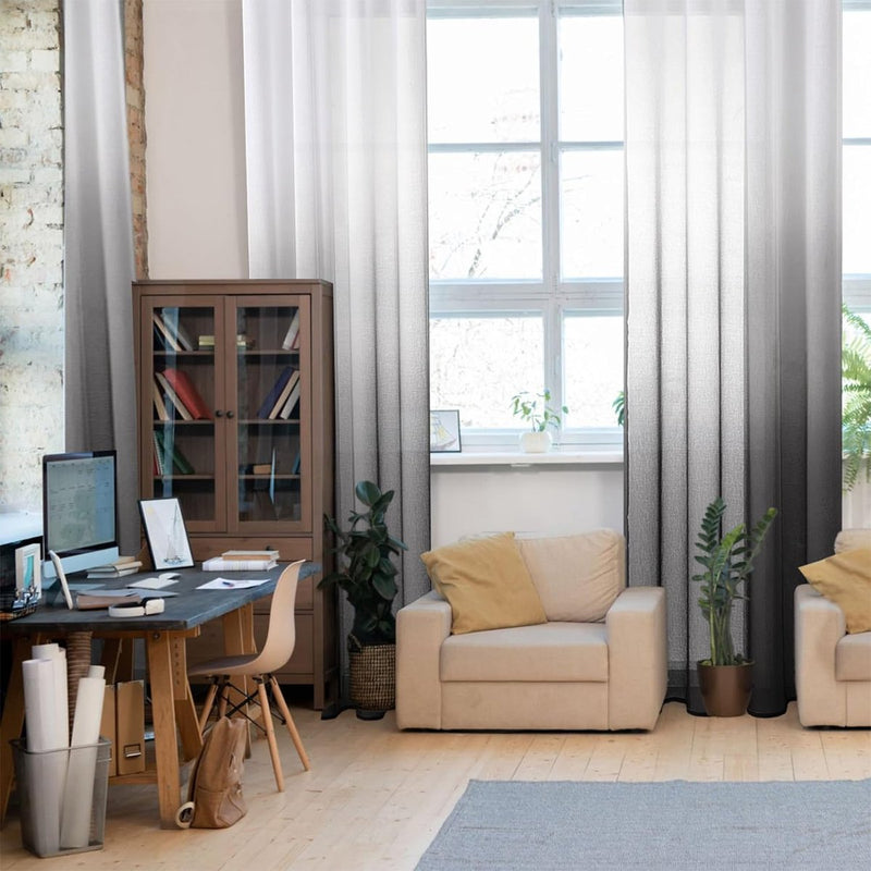 Voile gordijnen met kleurverloop, transparant gordijn, kort, tule gordijn met oogjes, in zwart-wit, kleurverloop, 160 x 140 cm (h x b), modern, voor kinderkamer, woonkamer, slaapkamer, set van