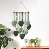 Macramé wandtapijt, boho-decoratie, wandtapijt in boho-stijl met houten kralen en bladeren, wandtapijt, boho, handgemaakt, voor buiten, woonkamer, slaapkamer, binnen, geschenken, 40 80 cm (groen)