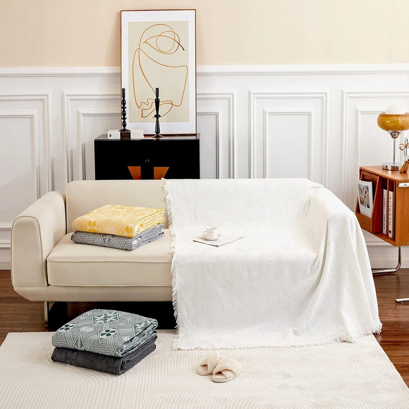 Grote banksprei voor 3-zitsbank met decoratieve kwastjes, dubbelzijdige bankhoes banksprei voor bank en bed, ruitpatroon met bladeren en bloemen - wit, 180 x 300 cm