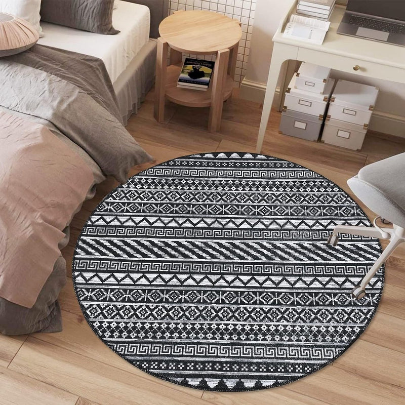 Vloerkleed voor binnen en buiten, rond, lage pool, machinewasbaar, water- en vlekafstotend tapijt voor woonkamer, slaapkamer, eetkamer, thuiskantoor, 120 cm, zwart