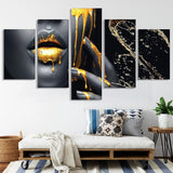 canvasdoek 5-delig wanddecoratie foto's, zwart goud vrouwen lippen canvas schilderij, moderne HD print canvas olieverfschilderij decor poster geen lijst (gouden lippen, L)