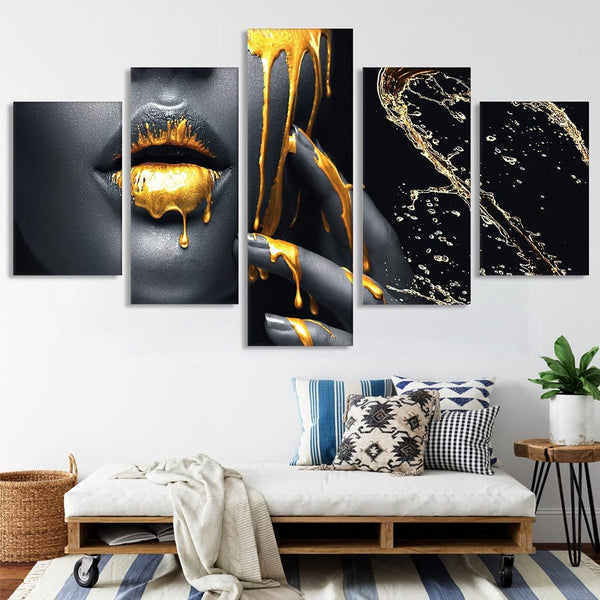 canvasdoek 5-delig wanddecoratie foto's, zwart goud vrouwen lippen canvas schilderij, moderne HD print canvas olieverfschilderij decor poster geen lijst (gouden lippen, L)