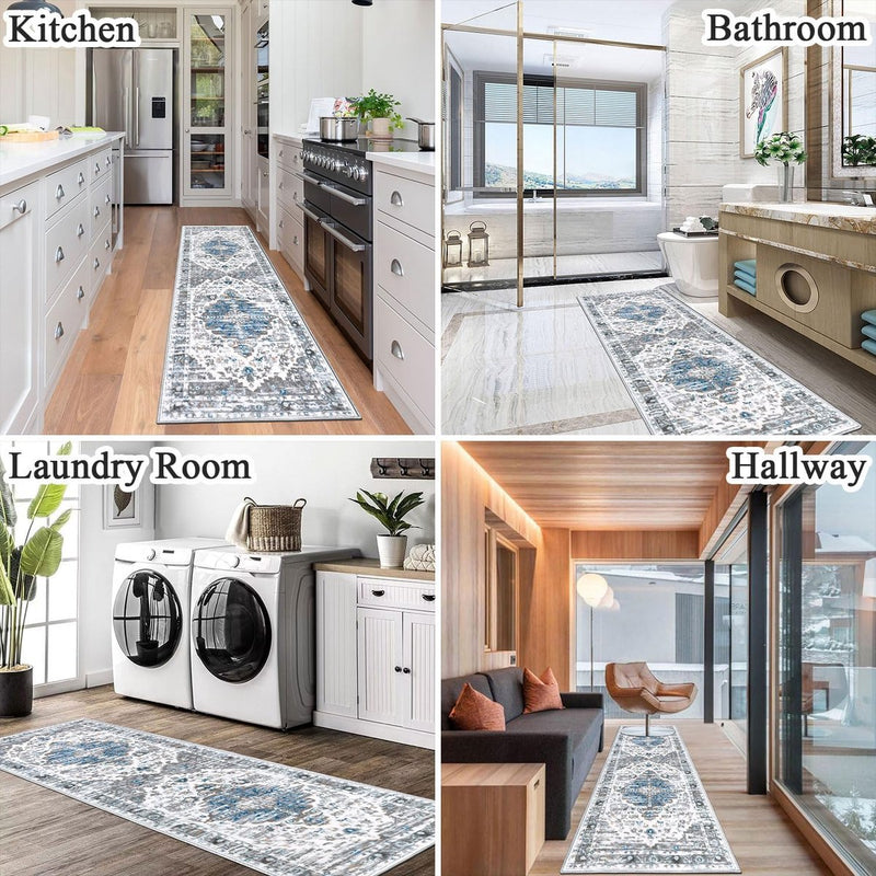 Tapijt Runner Hal Antislip 60 x 180 cm Boho Halkleed Runner Grijs Wasbaar Bedtapijt Slaapkamer Vintage Tapijt Runner Hal Runner Tapijt voor Hal, Keuken, Slaapkamer