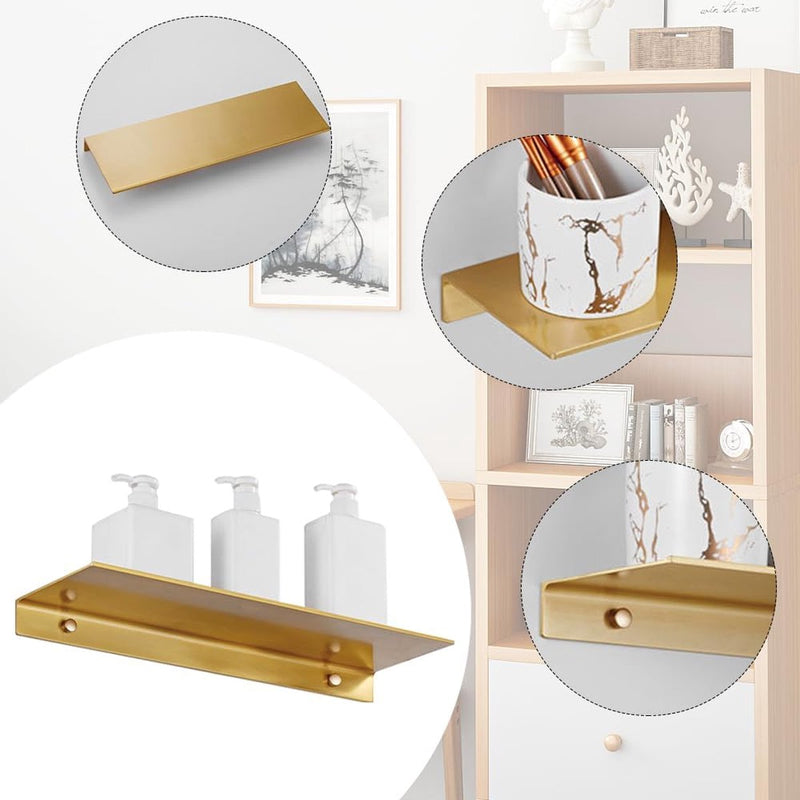 Wandplank, goudkleurig metaal, wandrek met schroeven, 2 stuks, aluminium, wandplank, zwevend rek, klein, voor badkamer, slaapkamer, keuken, decoratieve fotolijst
