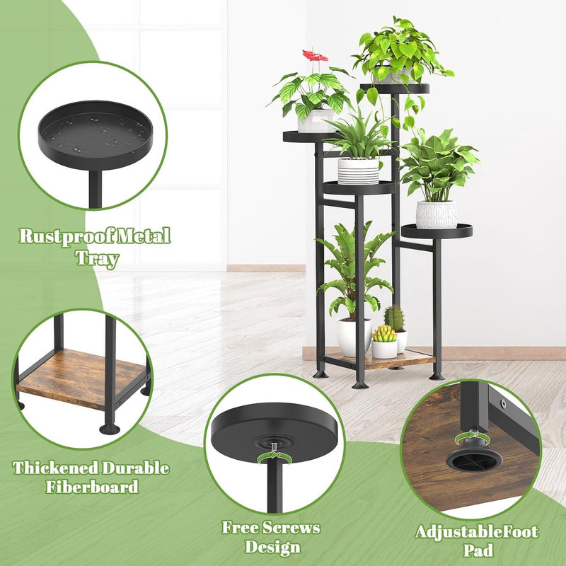 Plantenstandaard met 5 etages, hout, metaal, voor binnen en buiten, hoek bloemenstandaard, plantenrek voor meerdere planten, modern bloemenrek voor terras, tuin, balkon, woonkamer (zwart)