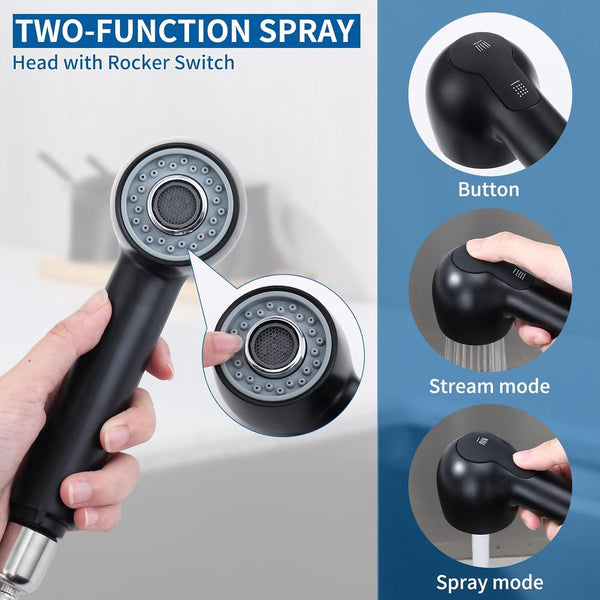 Wastafelarmatuur met uittrekbare sproeier, keukenkraan met 2 straalsoorten, 304 roestvrij staal, hogedruk mengkraan, 360° draaibaar, eengreepsmengkraan, zwart