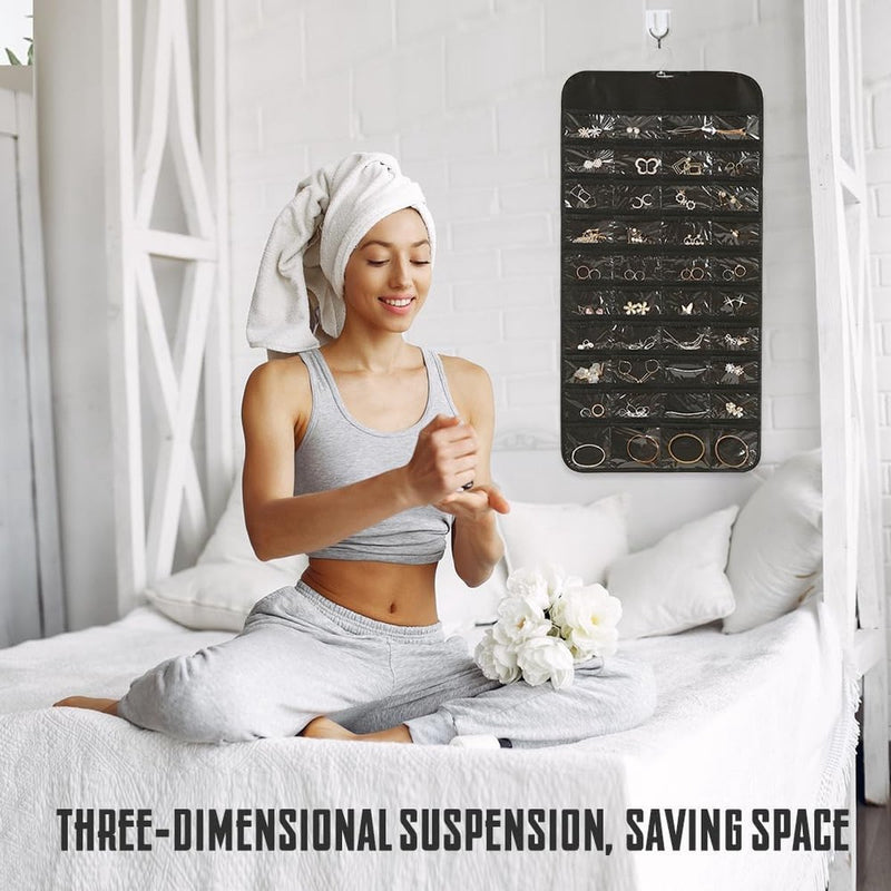 Sieradenorganizer voor het ophangen van sieradenopslag Hangende sieradenorganizer Hangende opbergrol met hanger Sieradenorganizer Tas Reistas voor ringen Oorbellen Kettingen Zwart