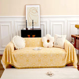 Bankdeken voor 2-zitsbank met decoratieve kwastjes, dubbelzijdige bankhoes banksprei voor bank en bed, ruitpatroon met bladeren en bloemen - geel, 180 x 230 cm