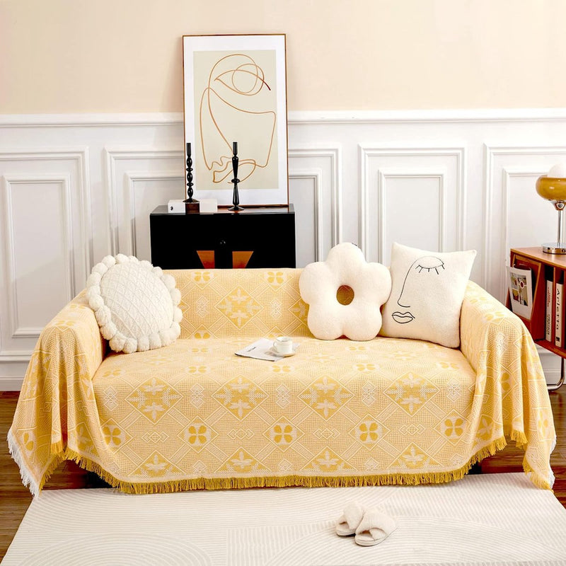 Bankdeken voor 2-zitsbank met decoratieve kwastjes, dubbelzijdige bankhoes banksprei voor bank en bed, ruitpatroon met bladeren en bloemen - geel, 180 x 230 cm