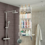 Doucheplank om op te hangen, doucheplank zonder boren, badkamerplank met 4 niveaus, badkamerplank, douchemand om boven de douchedeur te hangen met zeepbakje voor badkameropslag, wit