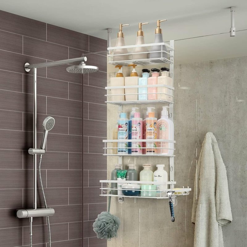 Doucheplank om op te hangen, doucheplank zonder boren, badkamerplank met 4 niveaus, badkamerplank, douchemand om boven de douchedeur te hangen met zeepbakje voor badkameropslag, wit