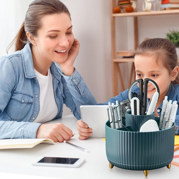 Bureau-organizer, 360 ° roterende kantoororganisator, pennenhouder, multifunctionele bureau-organizer, pennenorganizer met grote capaciteit voor potlood, mapclips (marineblauw)