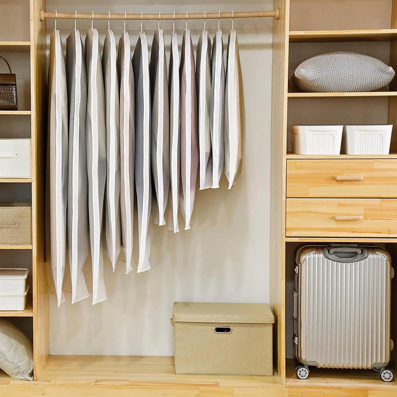 12 stuks kledingtassen, 60 x 80/100/120/140 cm, witte rand, doorschijnende kostuumtas, kledinghoes, kostuumtas, avondjurk, trouwjurk, jassen, overhemden, stof- en waterdicht