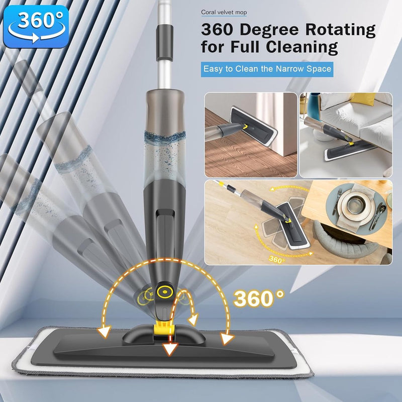 Vloerwisser met sproeifunctie, 500 ml navulbare watertank, sproeiwisser voor snelle reiniging met 3 wasbare microvezelhoezen, grijs sproeimop
