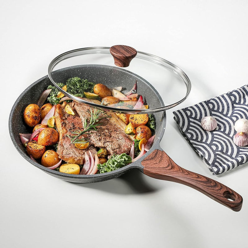 Koekenpan met antiaanbaklaag en deksel, omeletpan met granieten coating van 28 cm, gezond stenen kookgerei, kokspan, gasfornuis en inductie-compatibel, PFOA-vrij